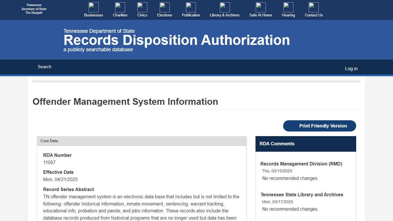 Offender Management System Information | Records Disposition Authorization